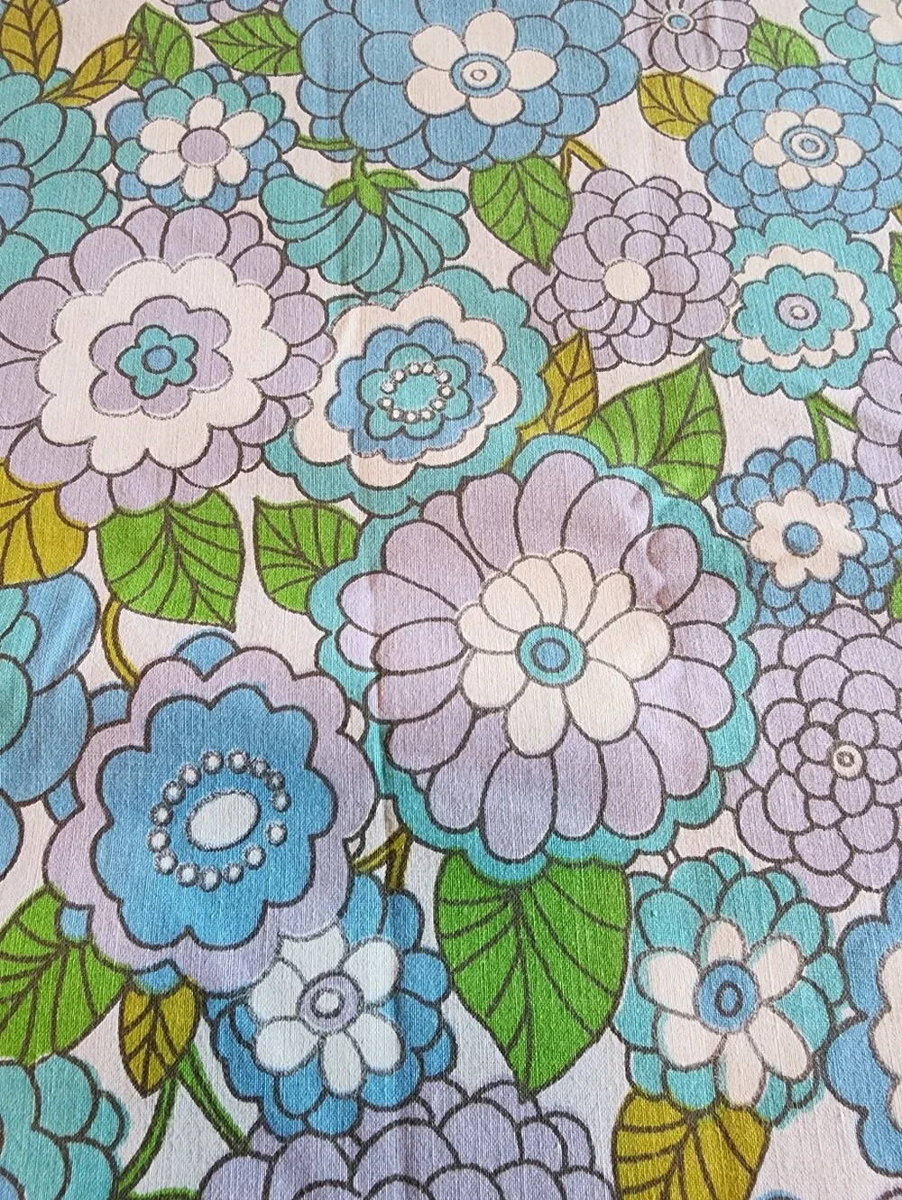 Vintage 70s Floral Blue & Green  Full Flat Percale Sheet 66 X 81 1/2 in.